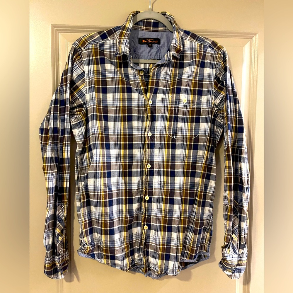 Men’s Ben Sherman white/brown/yellow long-sleeve plaid print button down shirt